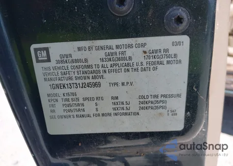 2001 Chevrolet Tahoe K1500 from USA, damaged, VIN 1GNEK13T31J245969